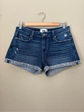 PAIGE Dark Blue Distressed Denim Cutoff Shorts